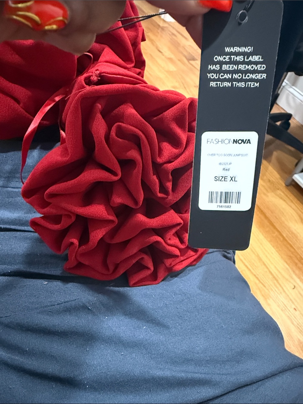 Fashion Nova Red Off-Shoulder Puff Sleeve Jumpsuit - Picture 4 of 4